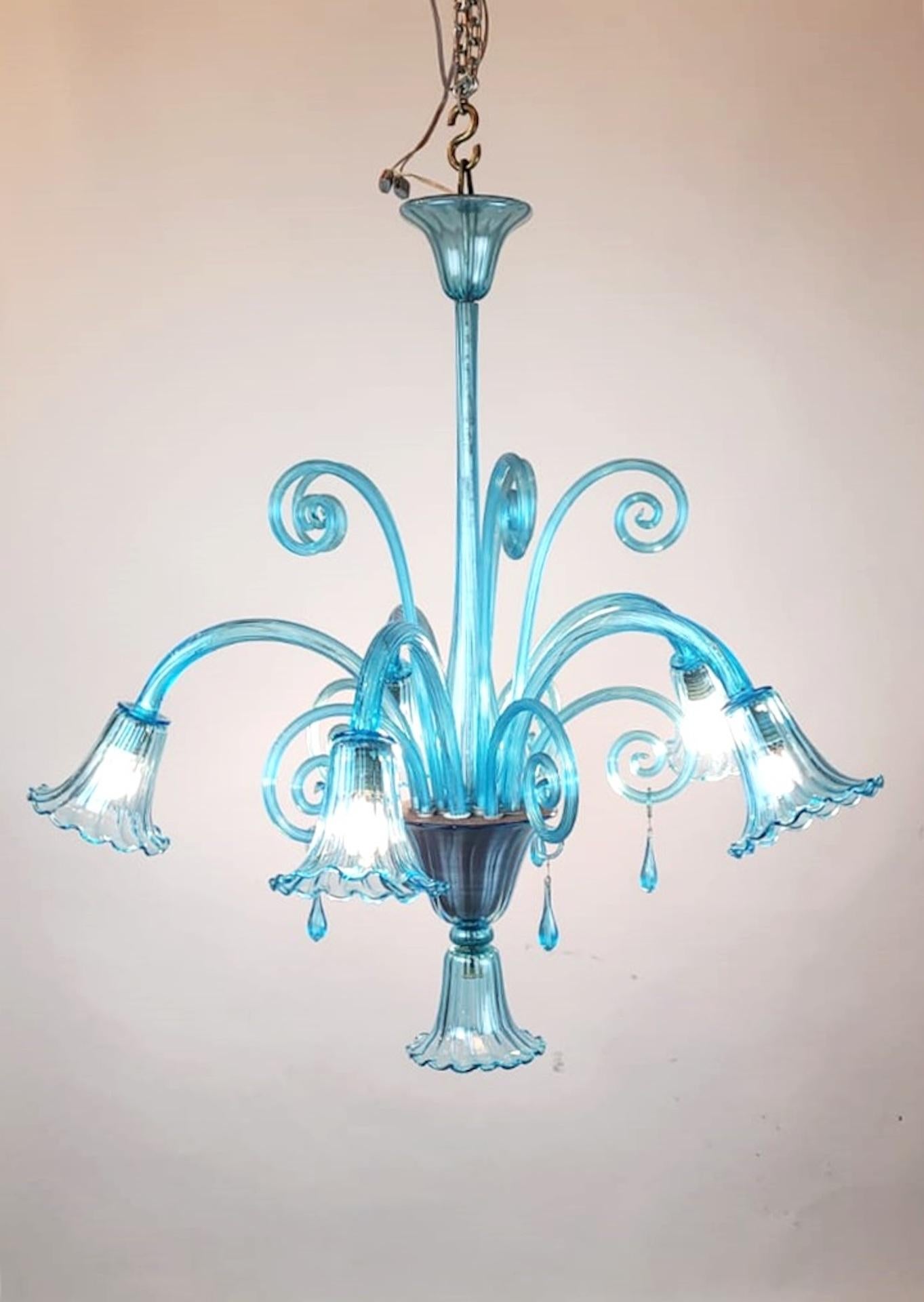 Murano Blue Glass Chandelier - 5 Arms Of Light, 1940s For Sale 1