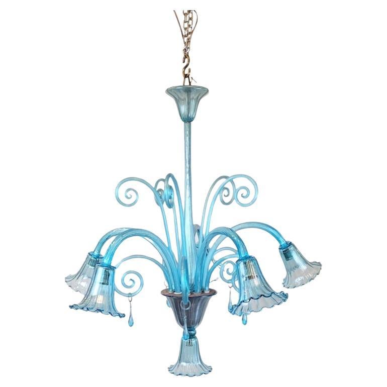 Murano Blue Glass Chandelier - 5 Arms Of Light, 1940s For Sale