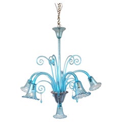 Vintage Murano Blue Glass Chandelier - 5 Arms Of Light, 1940s
