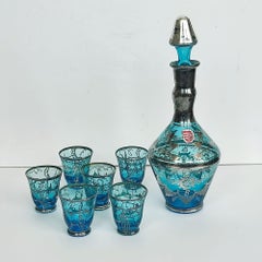 Murano Blue Glass Decanter Set with Sterling Silver San Giorgio Overlay – Italy