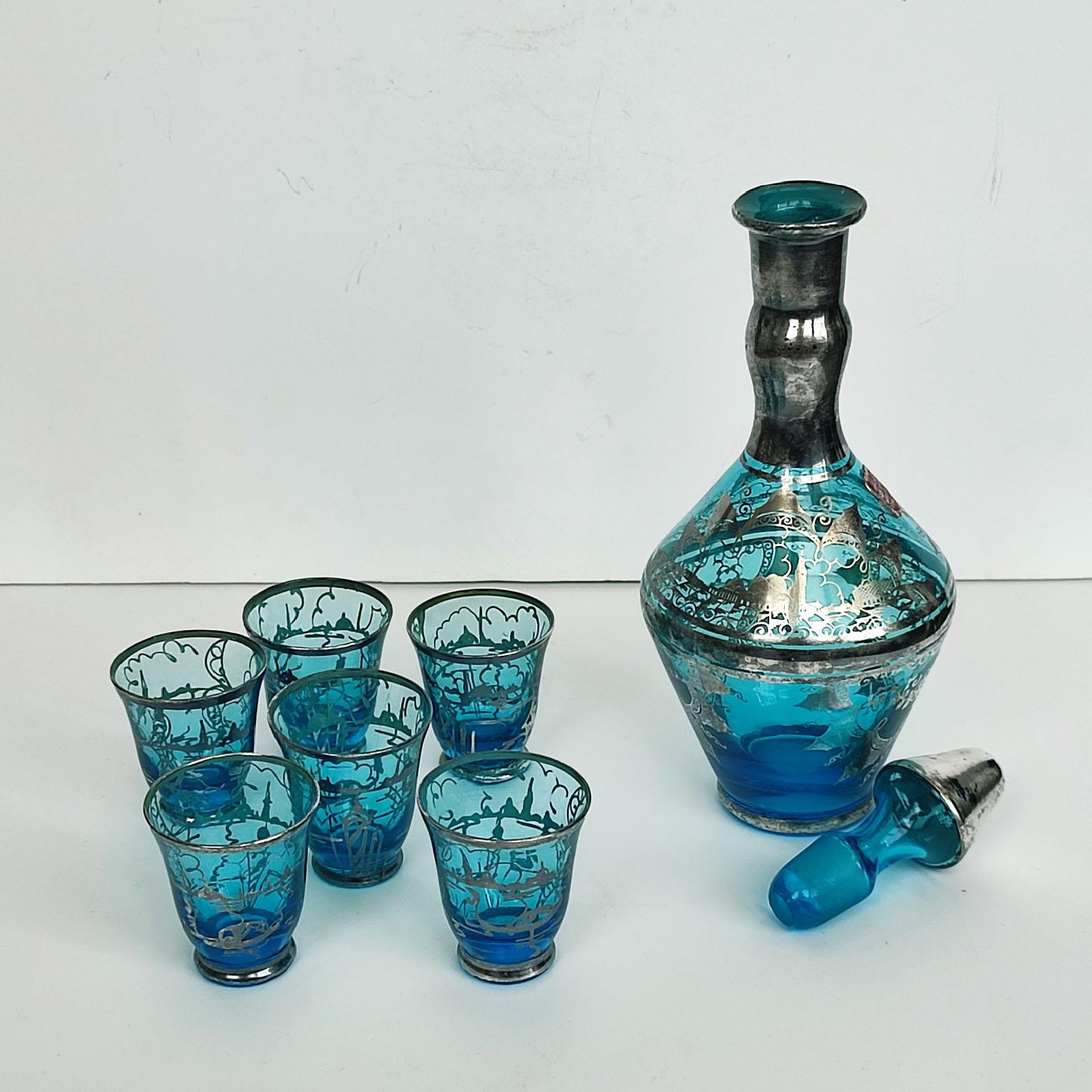 Art déco Set de carafes en verre bleu de Murano avec incrustation en argent Sterling San Giorgio - Italie en vente