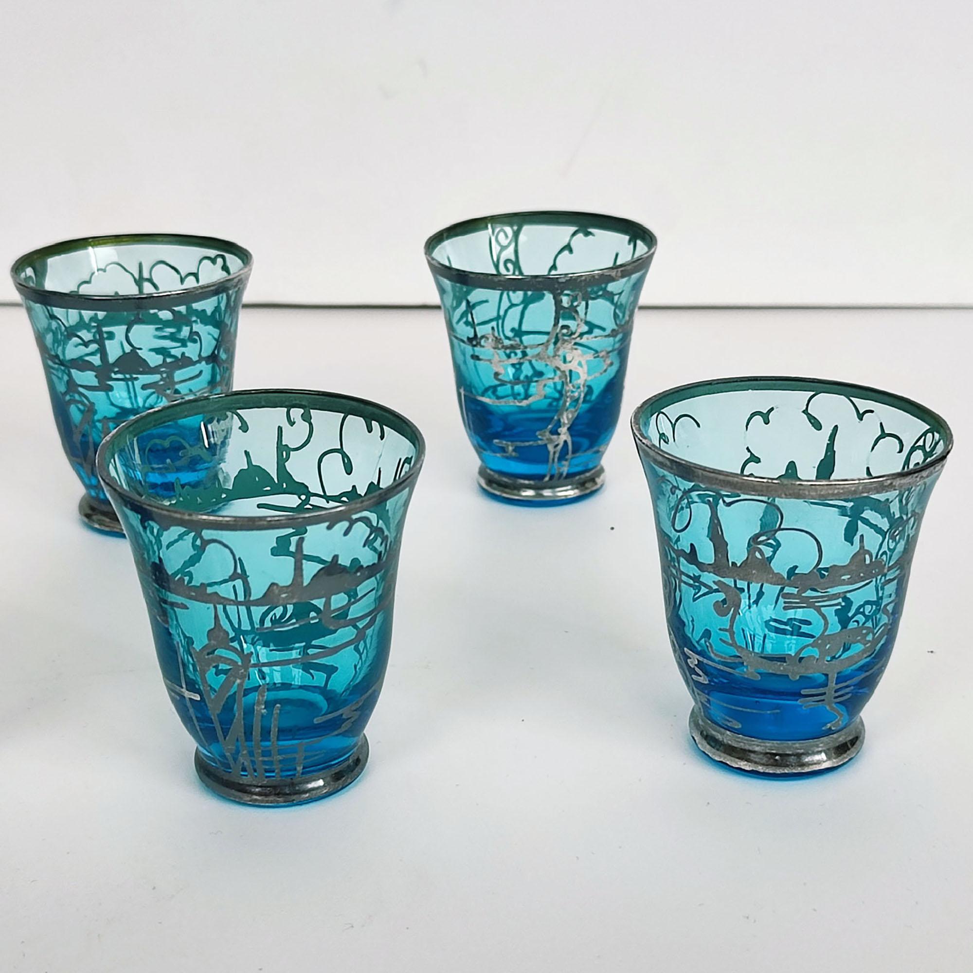 Verre Set de carafes en verre bleu de Murano avec incrustation en argent Sterling San Giorgio - Italie en vente