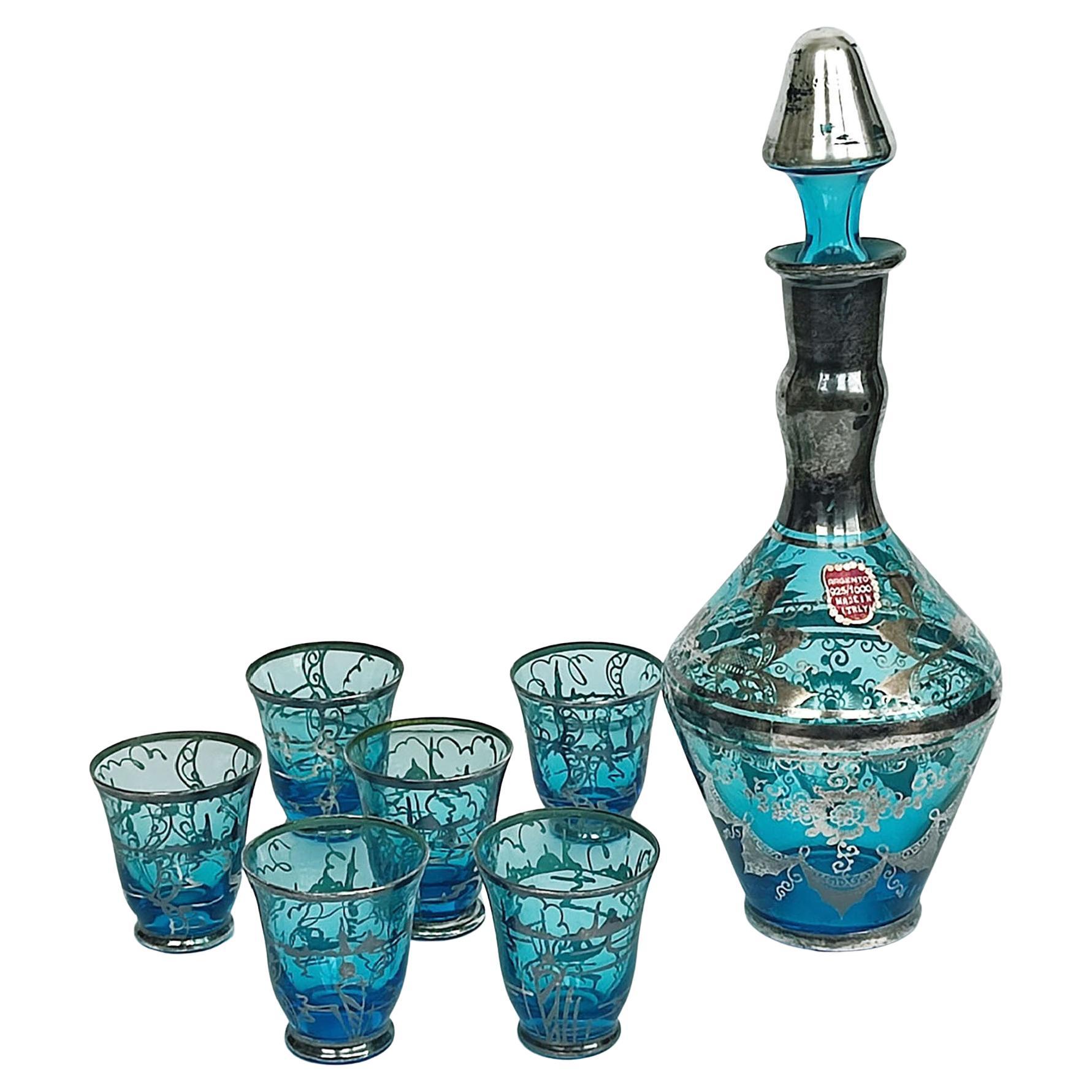 Set de carafes en verre bleu de Murano avec incrustation en argent Sterling San Giorgio - Italie en vente
