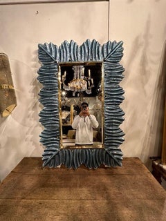 Murano Blue Glass Leaf Form Mirror