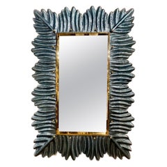 Miroir à feuilles en verre bleu de Murano
