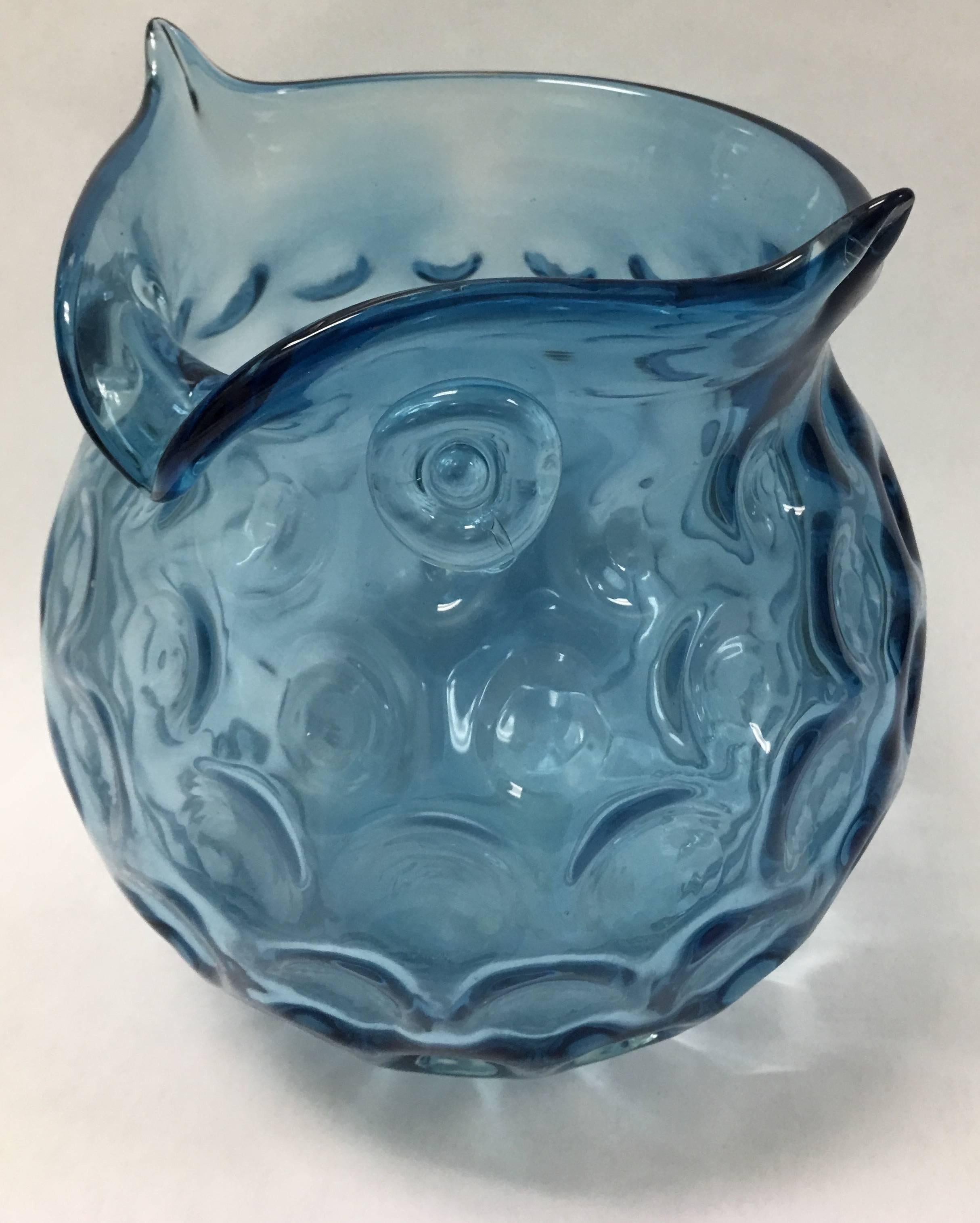 Blue Murano glass bowl shaped like an owl. Bowl retains Murano sticker on the underside.