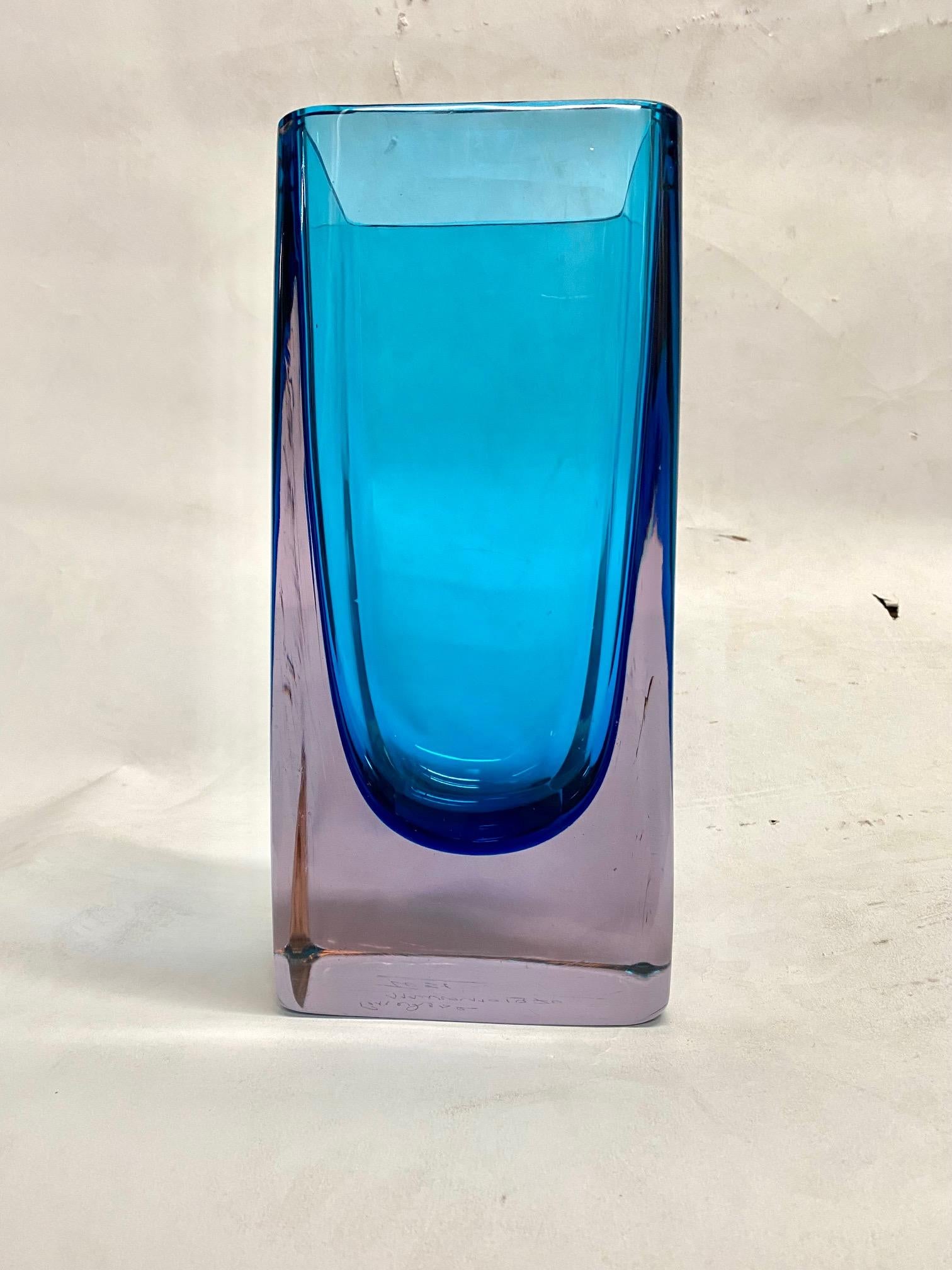 Murano blue glass “sommerso” vase by Fabio Tosi for Cenedese glass vase. Signed etched: 