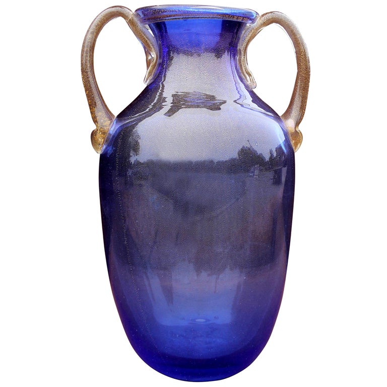 Murano Blue Glass Two Handle Vase For Sale at 1stDibs