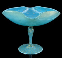 Murano Blue Gold Flecks Bubble Italian Art Glass Footed Squared Top Compote Bowl