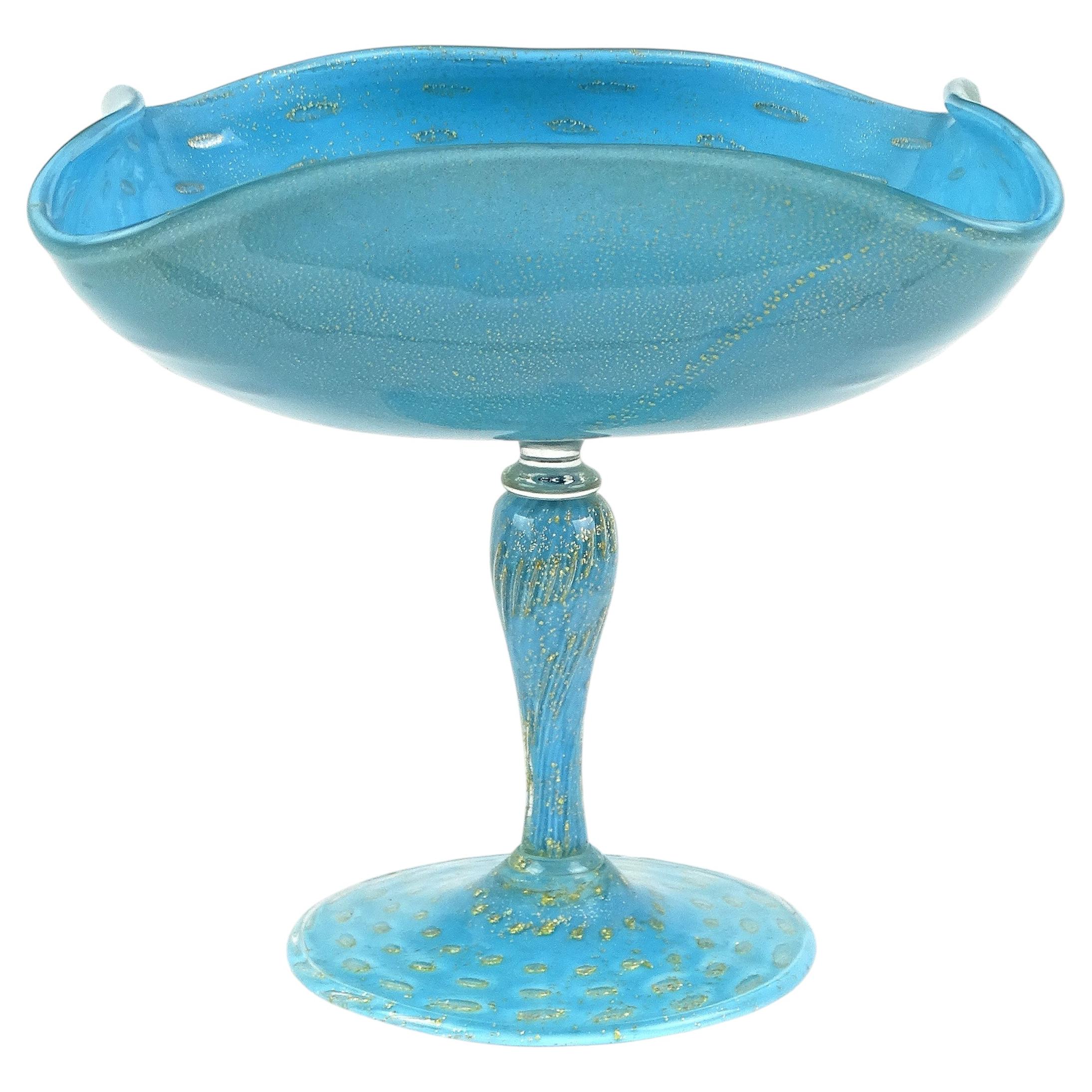 Murano Blue Gold Flecks Bubble Italian Art Glass Footed Squared Top Compote Bowl For Sale