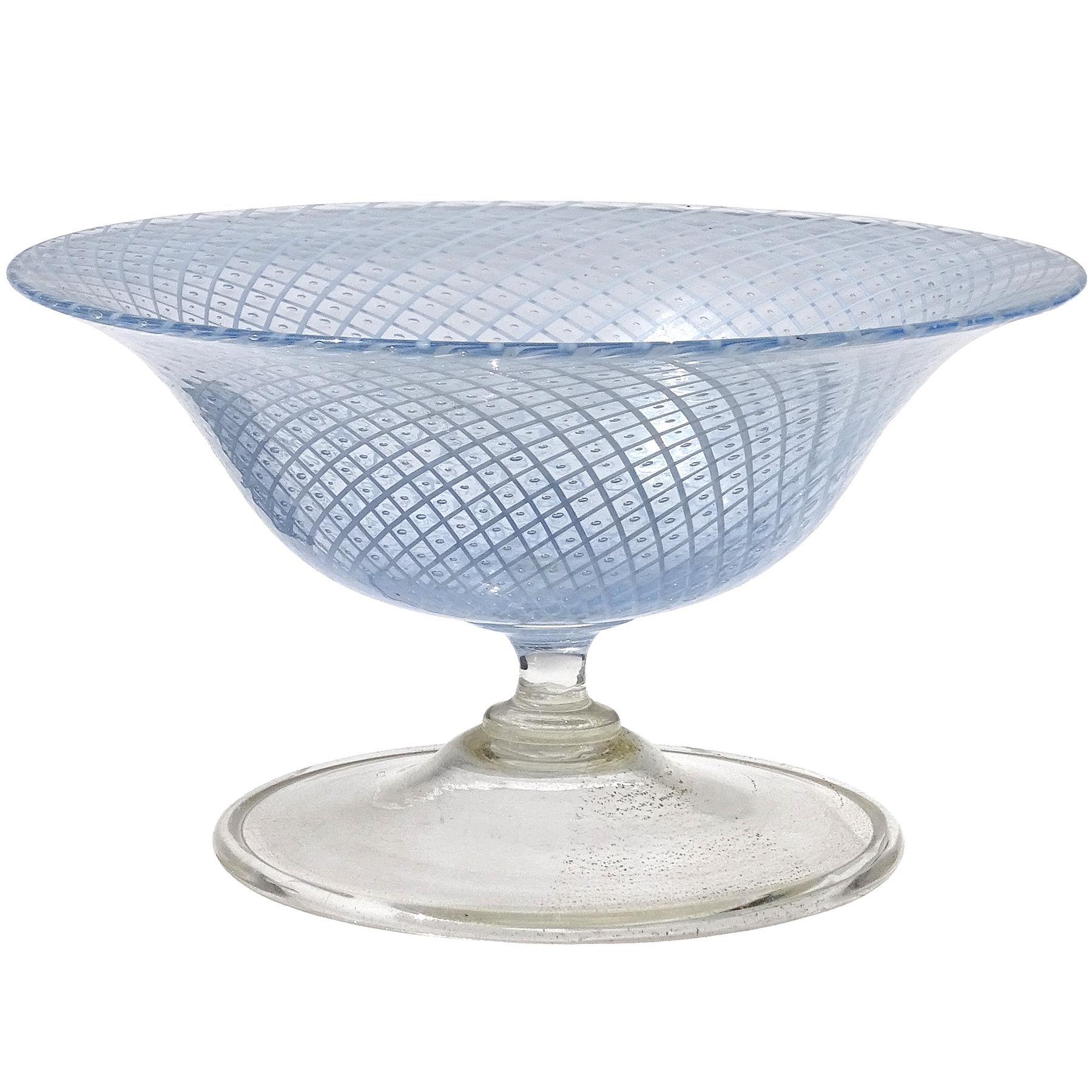 Murano Blue Gold Flecks Roticello Ribbons Italian Art Glass Footed Dish Bowl