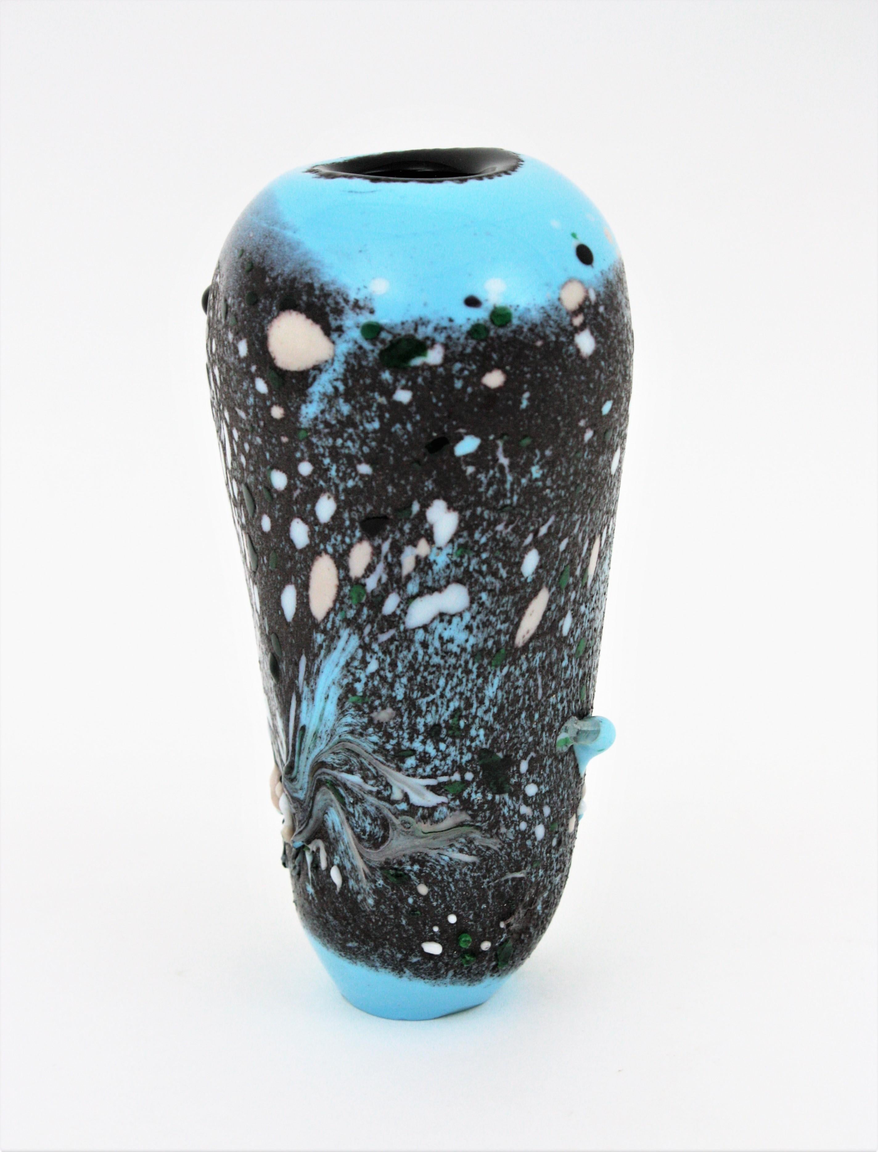 Murano Blue Gray Art Glass Vase with Multicolor Applied Murrine For Sale 5