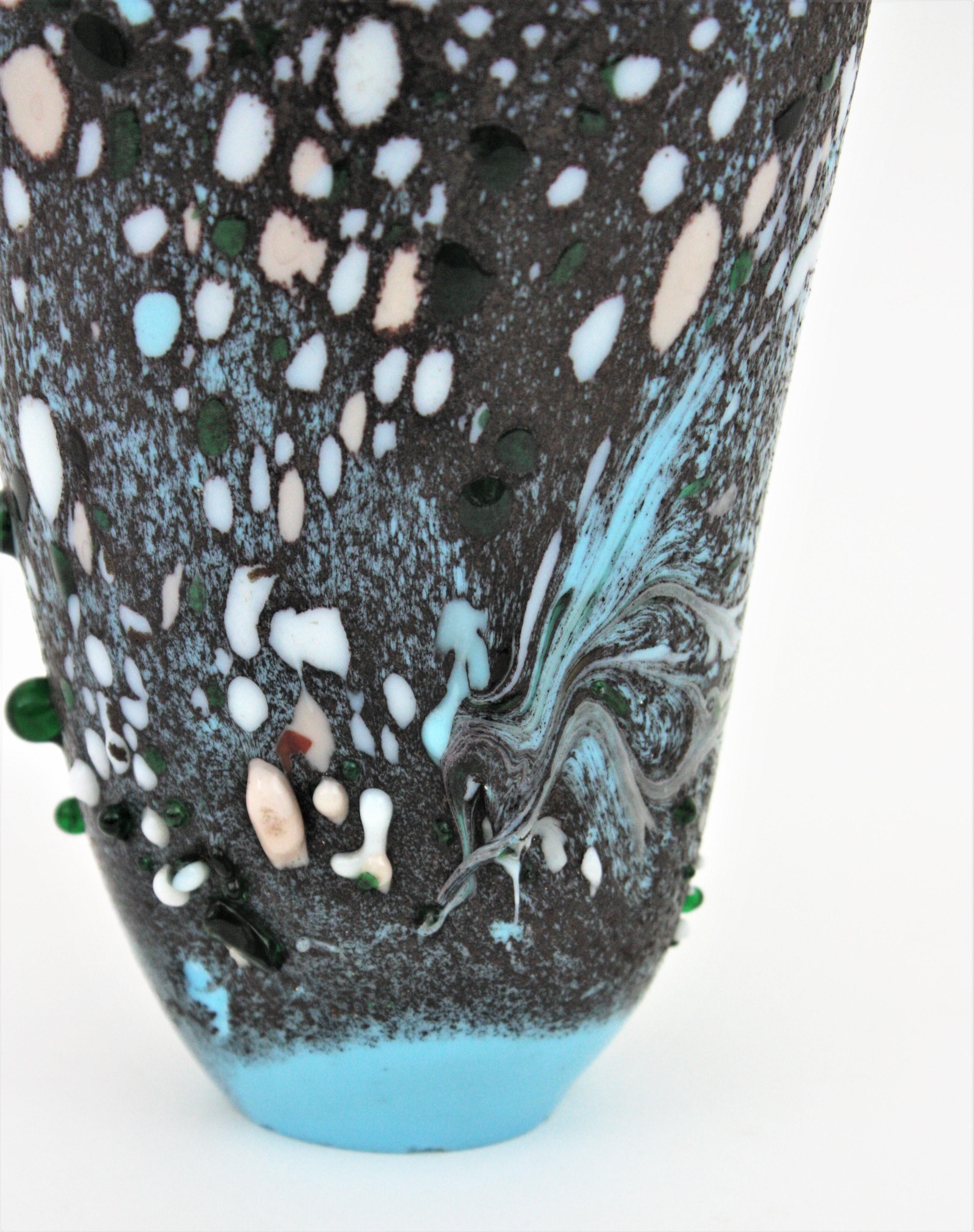 Murano Blue Gray Art Glass Vase with Multicolor Applied Murrine For Sale 10
