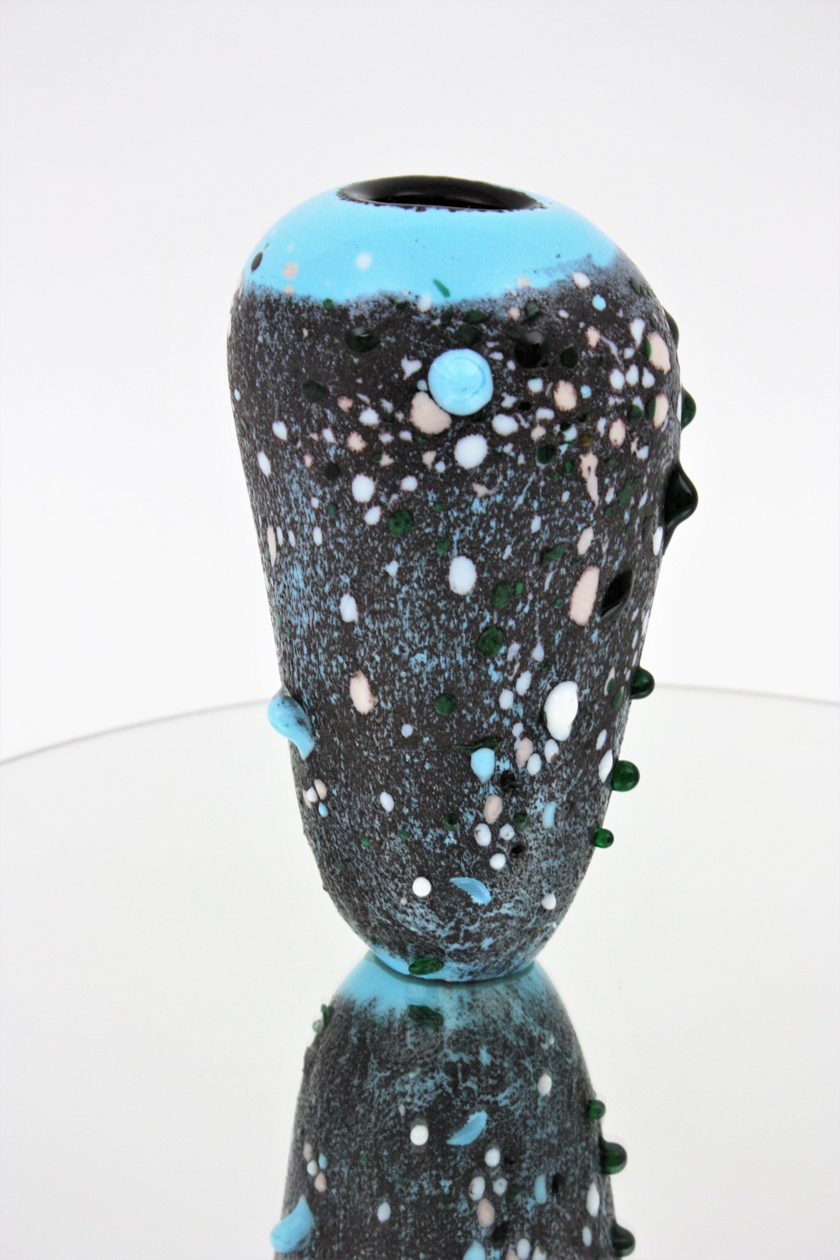 Murano Blue Gray Art Glass Vase with Multicolor Applied Murrine For Sale 11