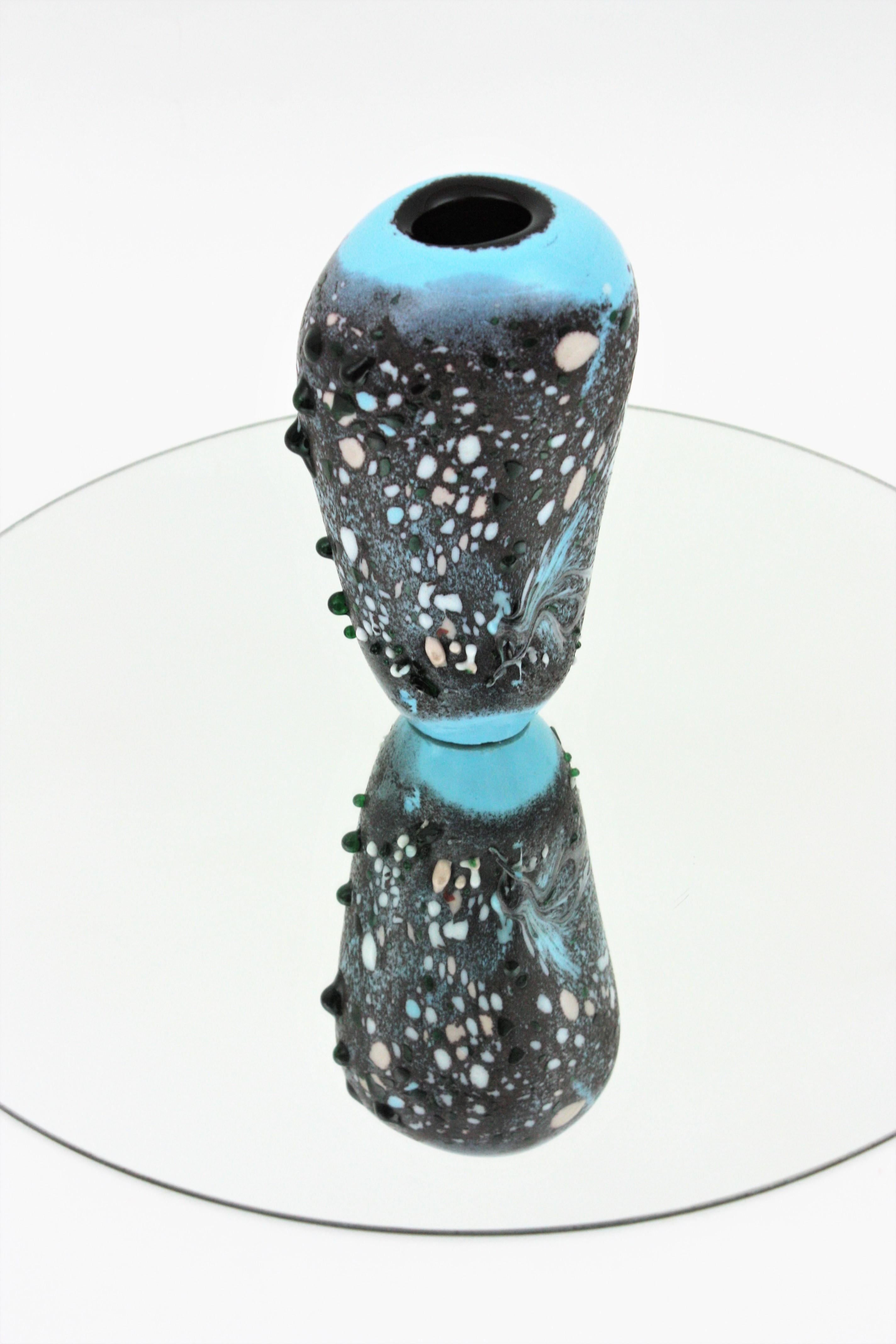 Murano Blue Gray Art Glass Vase with Multicolor Applied Murrine In Good Condition For Sale In Barcelona, ES