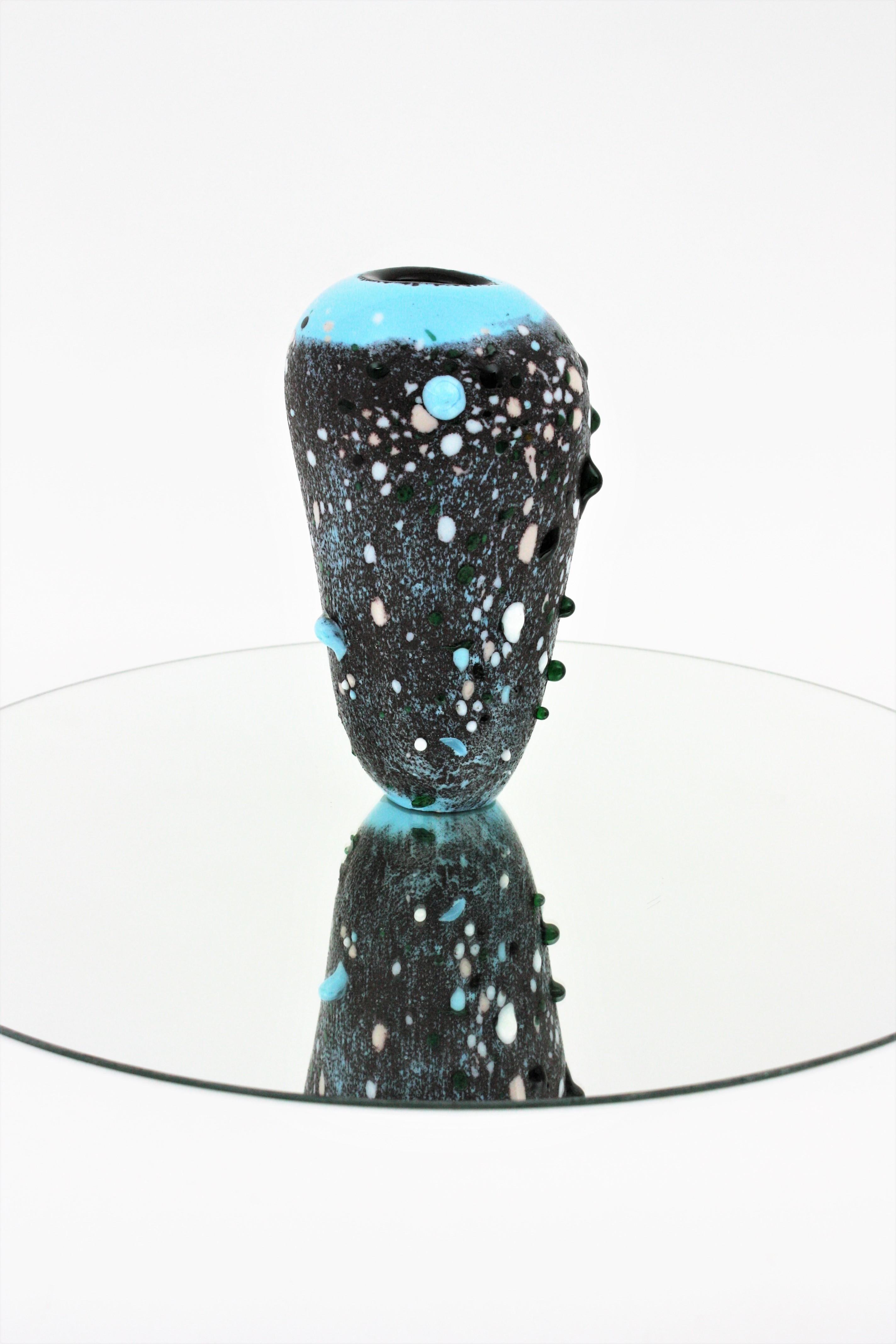 20th Century Murano Blue Gray Art Glass Vase with Multicolor Applied Murrine For Sale
