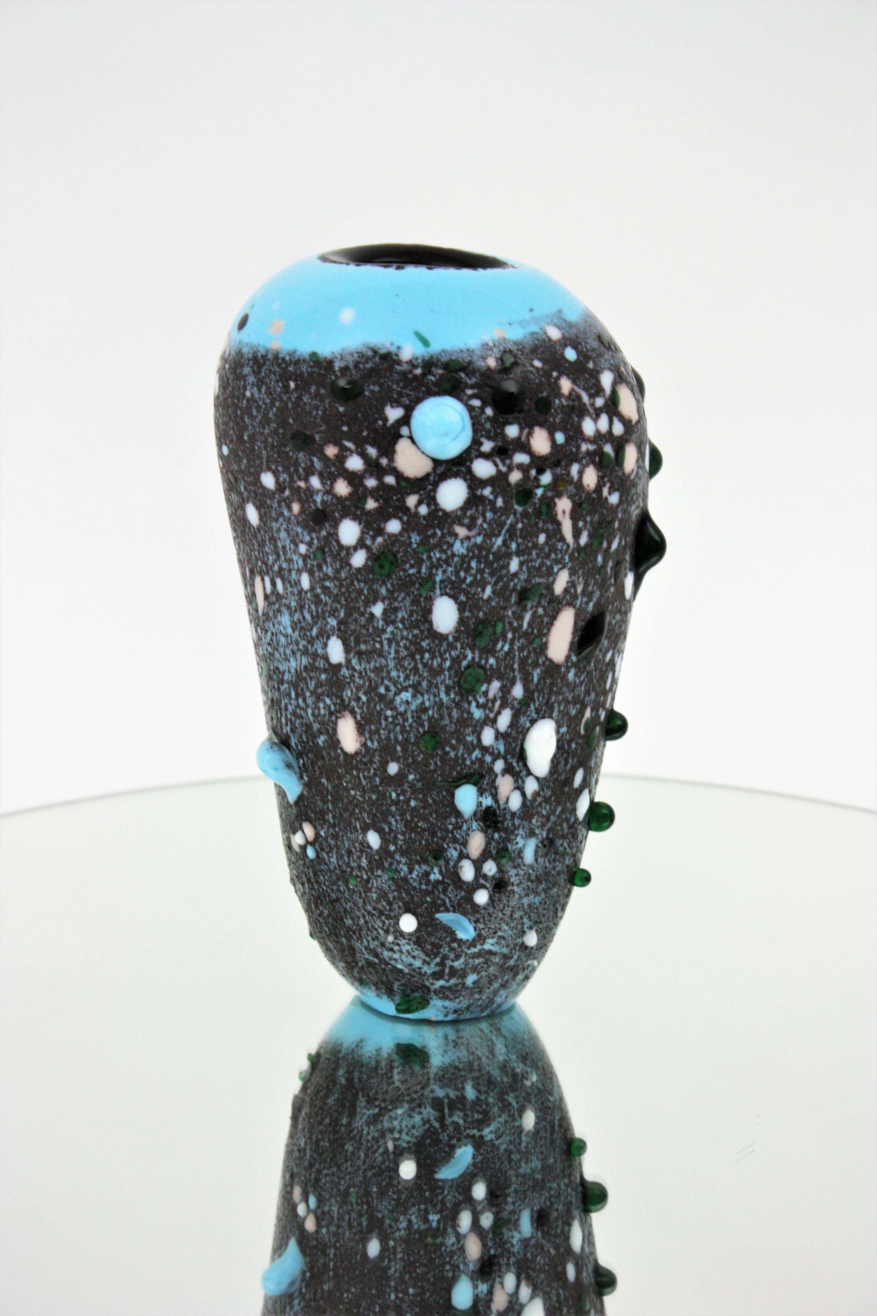 Murano Blue Gray Art Glass Vase with Multicolor Applied Murrine For Sale 1