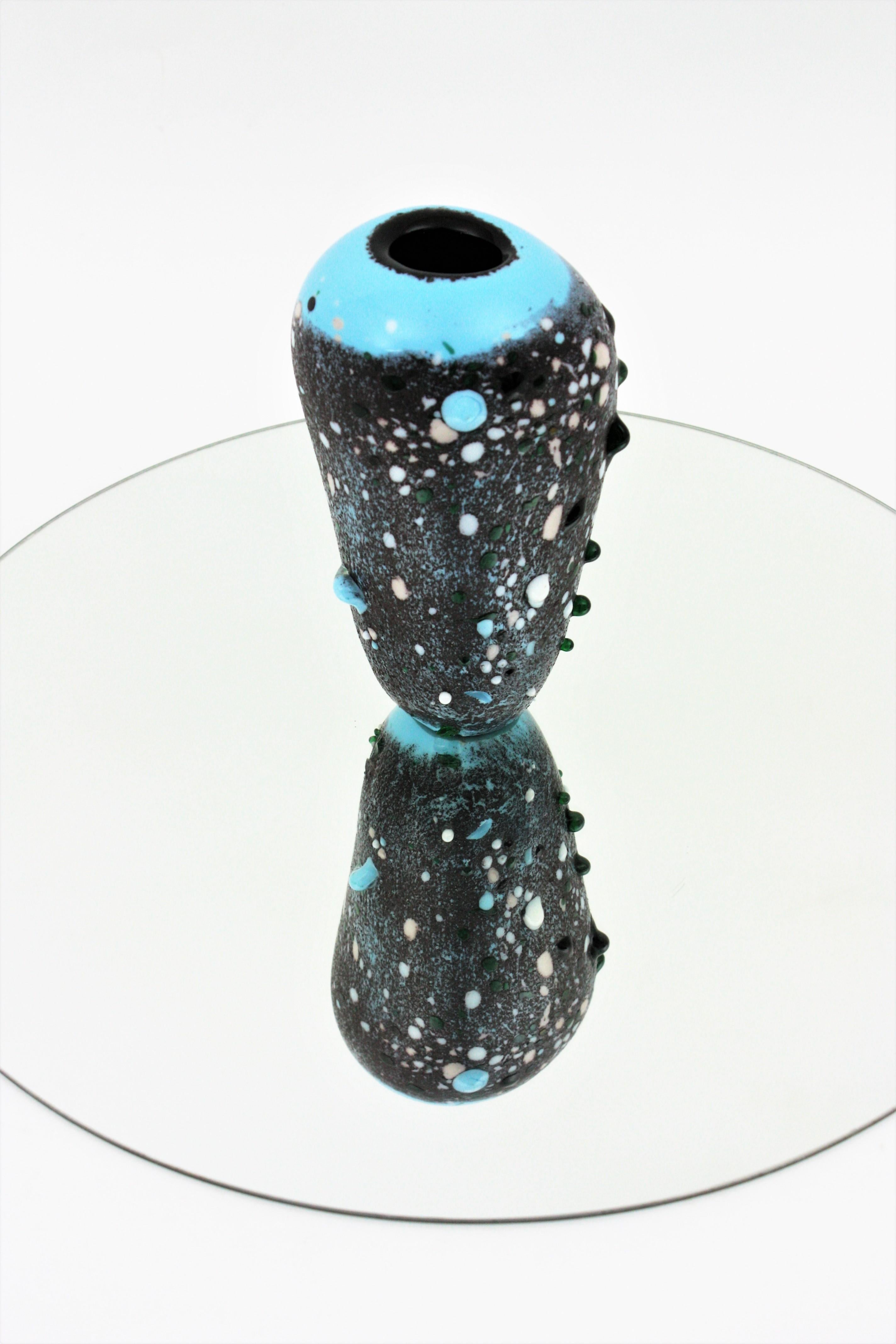 Murano Blue Gray Art Glass Vase with Multicolor Applied Murrine For Sale 2