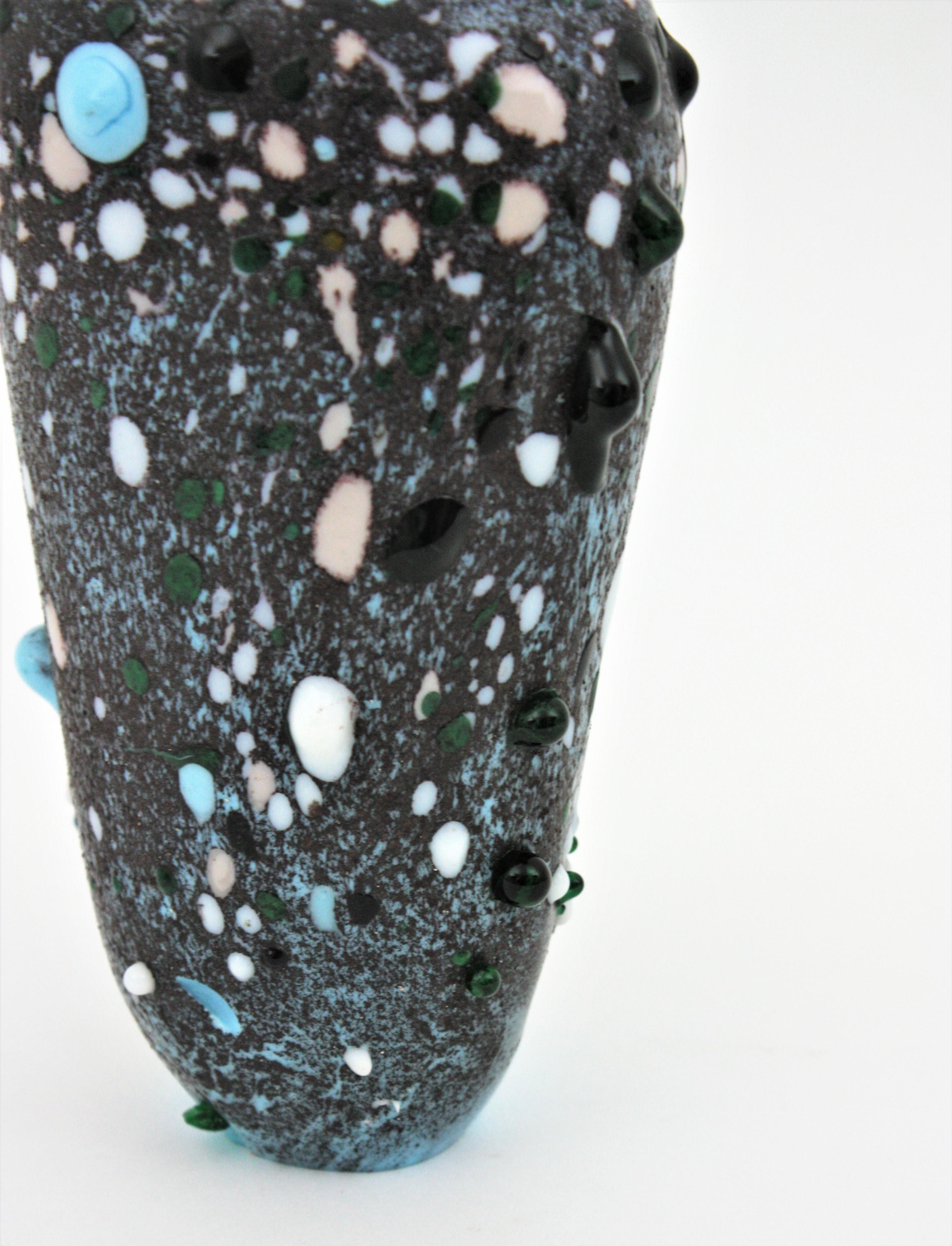 Murano Blue Gray Art Glass Vase with Multicolor Applied Murrine For Sale 4