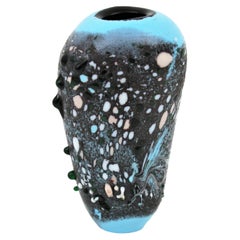 Vaso in vetro artistico di Murano blu grigio con murrine applicate multicolore