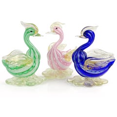 Murano Blue Green Pink Gold Flecks Italian Art Glass Bird Figurine Sculptures