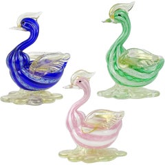 Murano Blue Green Pink Gold Flecks Italian Art Glass Bird Figurine Sculptures