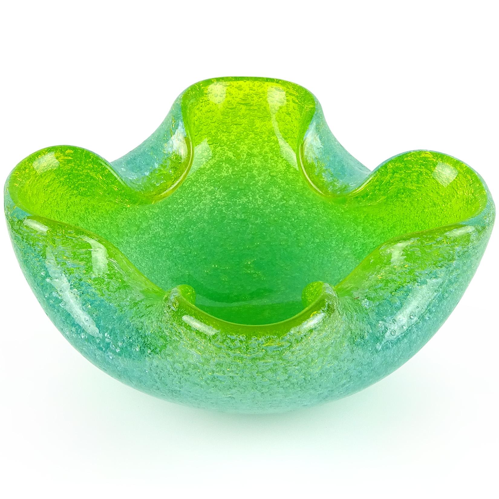 Beautiful vintage Murano hand blown sky blue over emerald green and bubbles Italian art glass bowl or dish. Documented to the Arte Vetraria Muranese company or A.Ve.M. It has a folded over rim on all 4 sides, and a very bright color. The bowl is