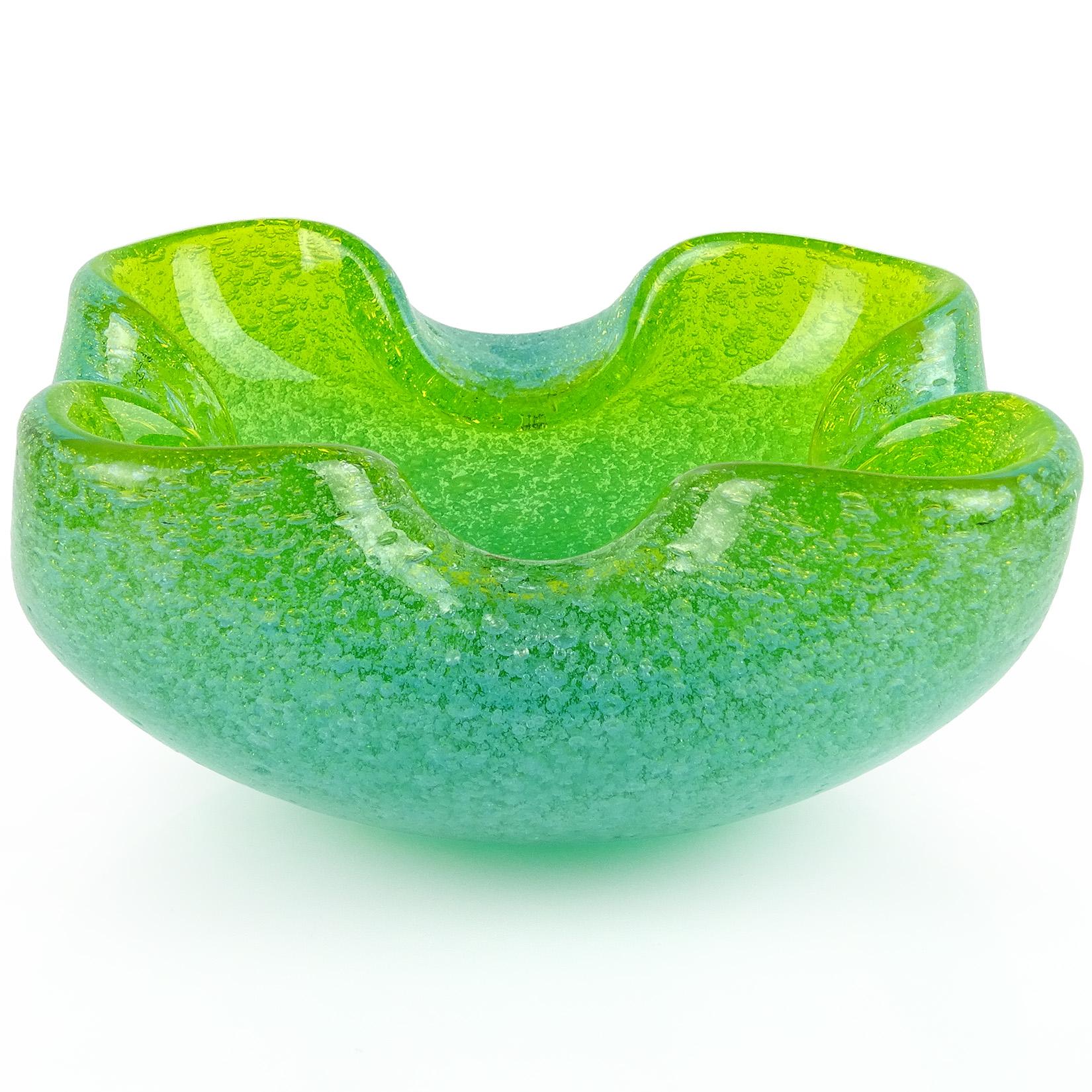 Mid-Century Modern Murano Blue Green Pulegoso Bubbles Italian Art Glass Decorative Bowl Ashtray For Sale