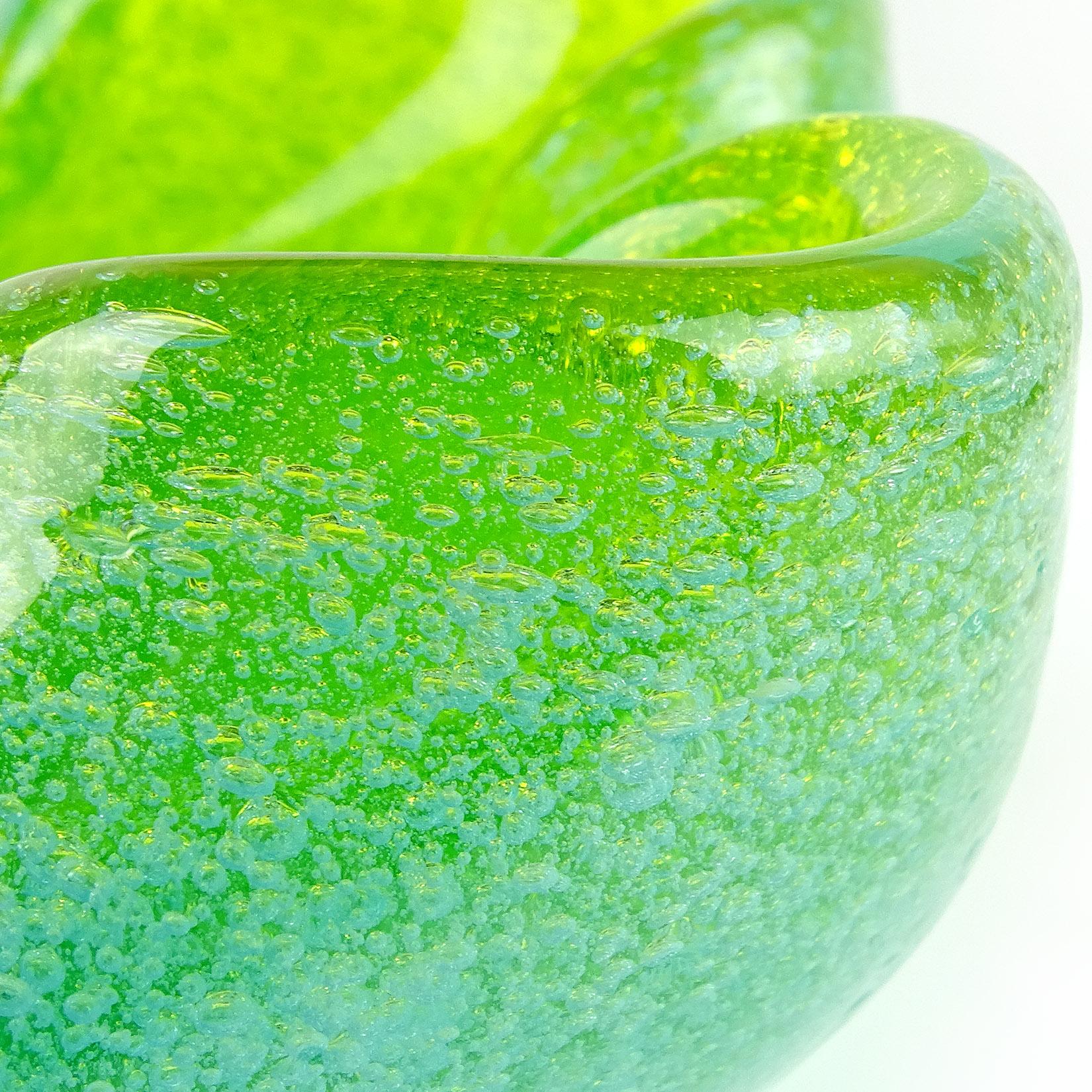 Hand-Crafted Murano Blue Green Pulegoso Bubbles Italian Art Glass Decorative Bowl Ashtray For Sale