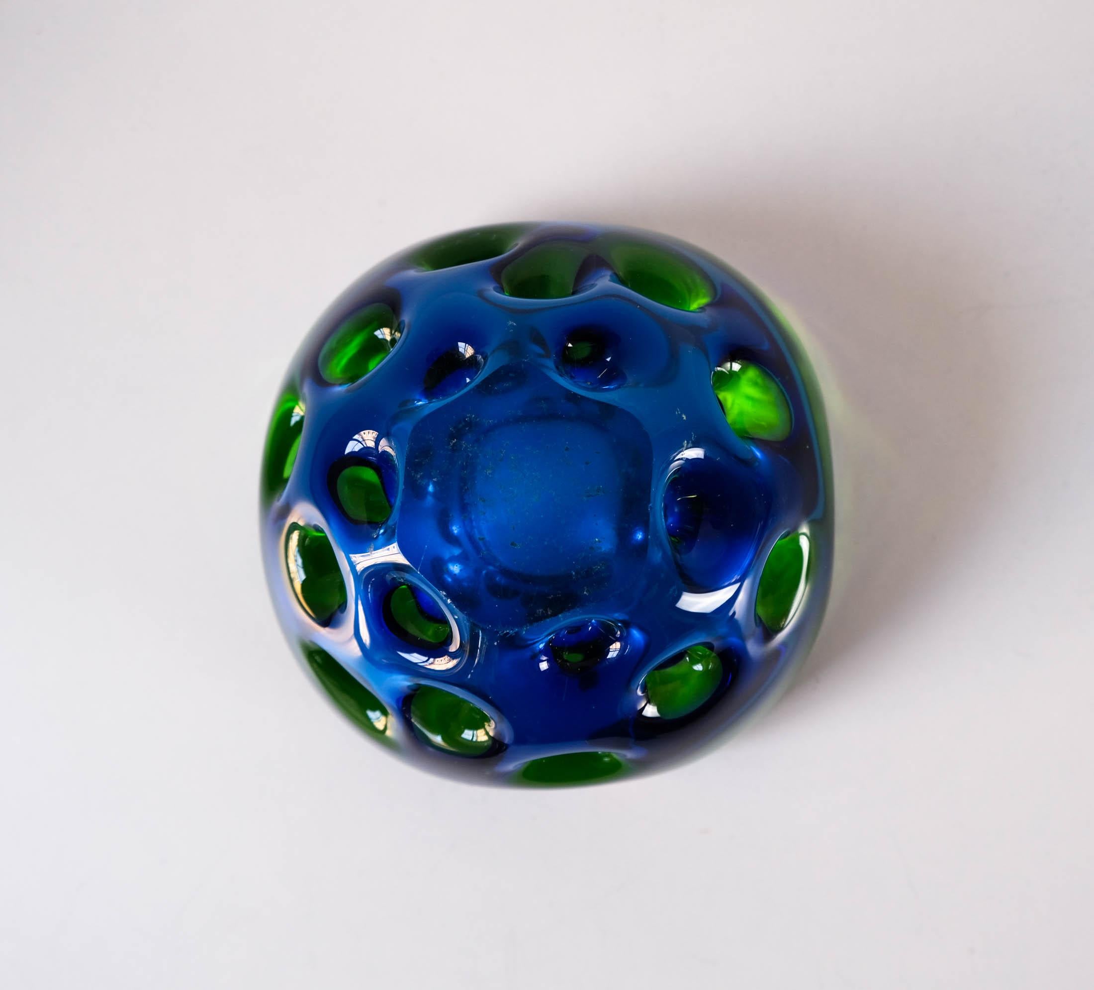 Glass Murano Blue Green Sommerso Dimpled Geode Bowl by Galliano Ferro, c.1960s For Sale
