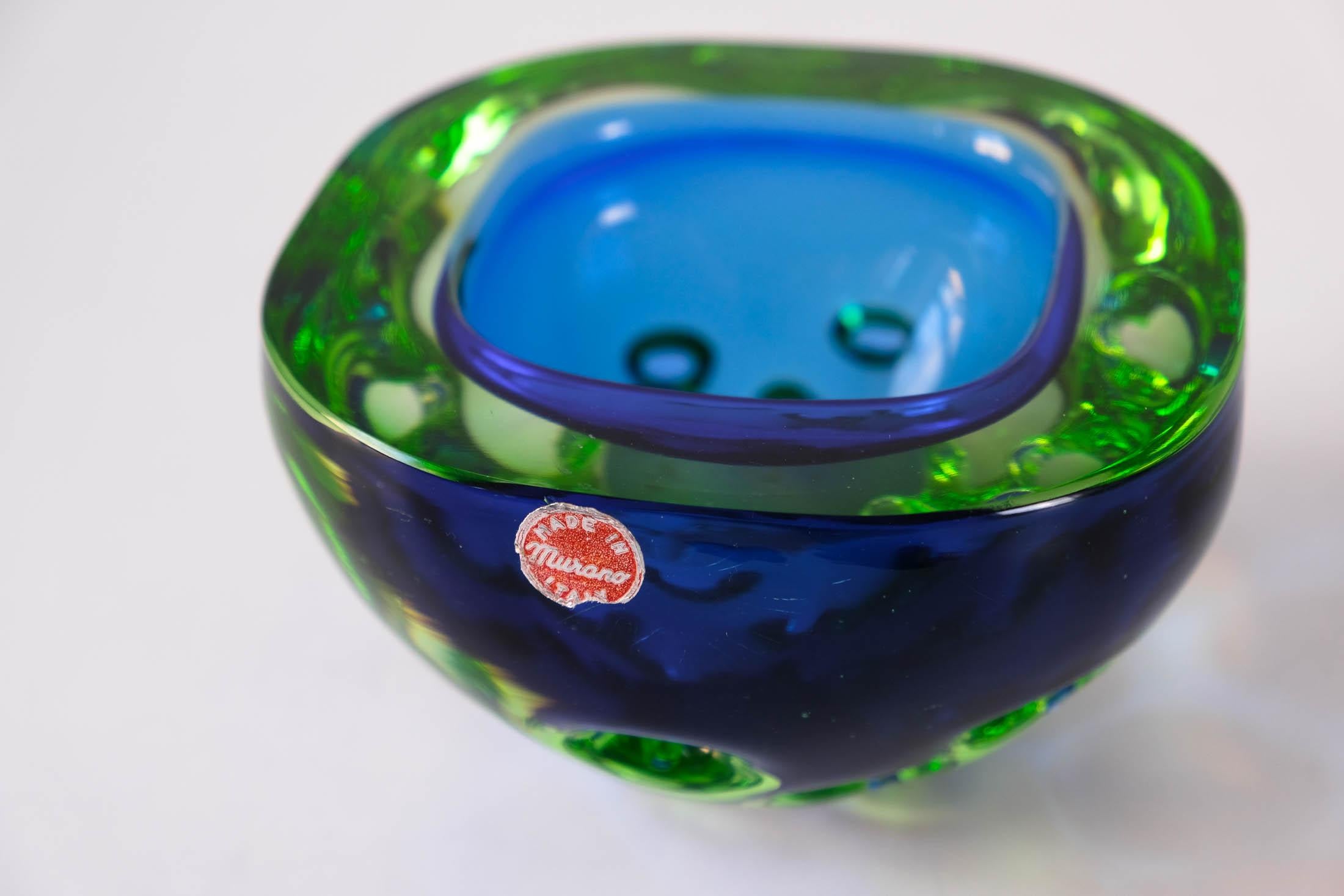 Italian Murano Blue Green Sommerso Dimpled Geode Bowl by Galliano Ferro, c.1960s For Sale
