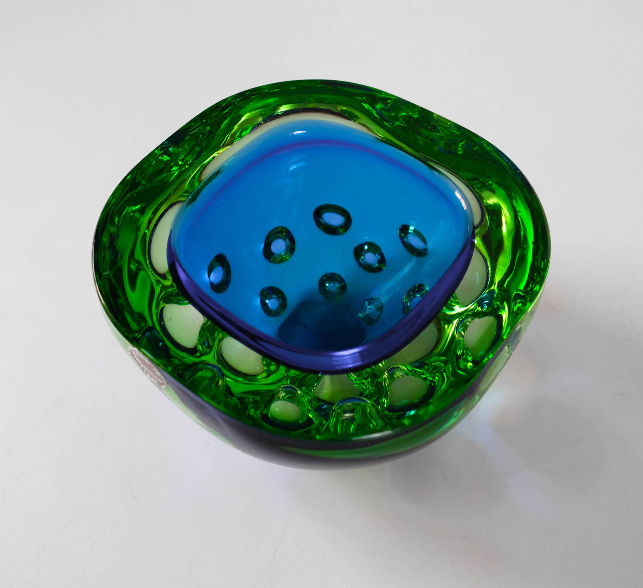 Murano Blue Green Sommerso Dimpled Geode Bowl by Galliano Ferro, c.1960s In Good Condition For Sale In London, GB
