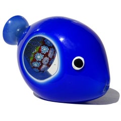 Escultura de pez de cristal artístico italiano de Murano Flores Millefiori multicolores azules