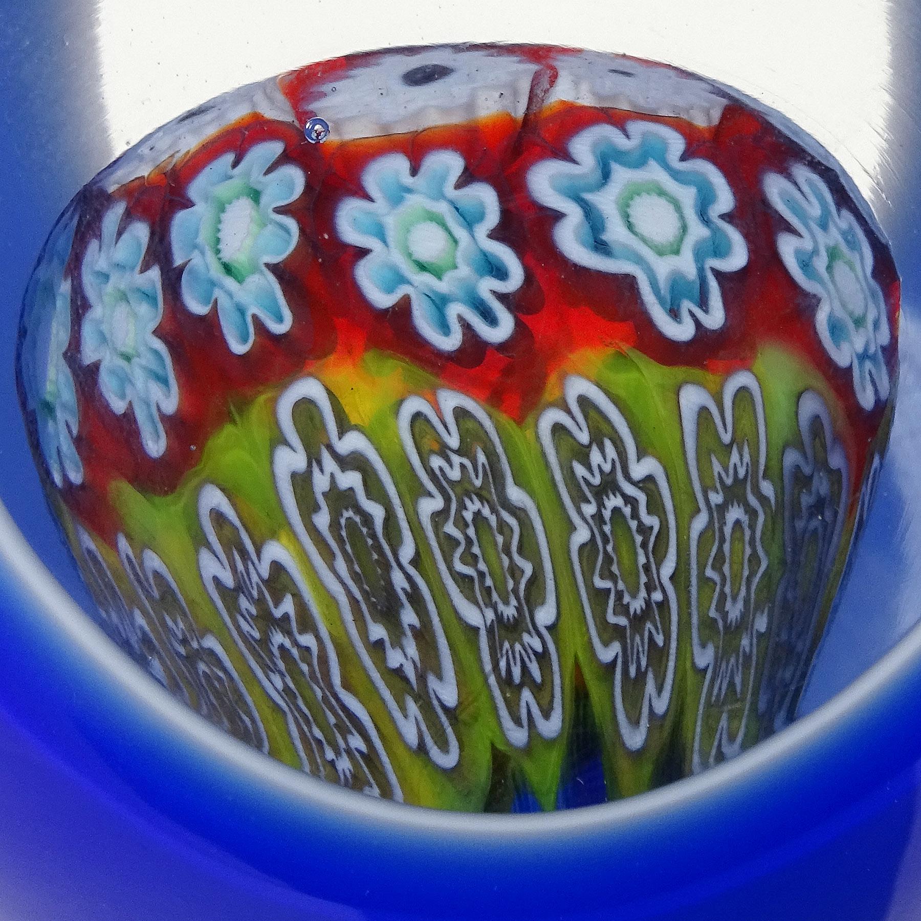 Hand-Crafted Murano Blue Multi-Color Millefiori Flowers Italian Art Glass Fish Sculpture For Sale