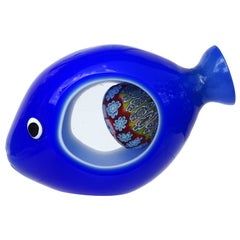 Murano Blue Multi-Color Millefiori Flowers Italian Art Glass Fish Sculpture