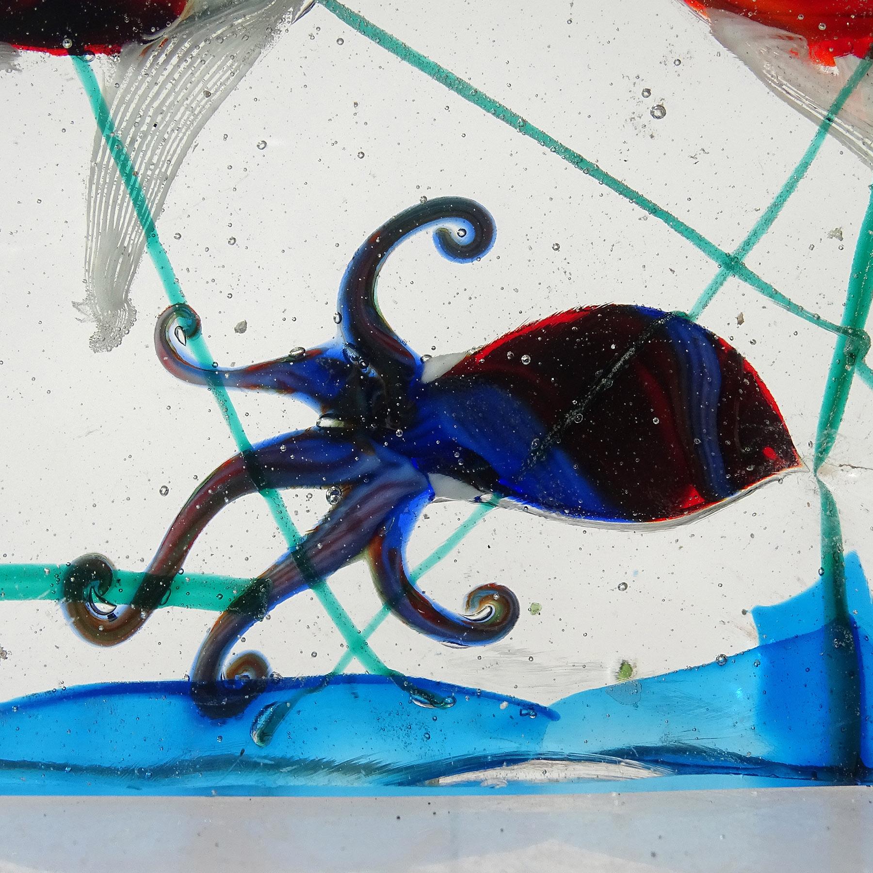 Murano Blue Octopus Swimming Fish Italian Art Glass Aquarium Block Sculpture For Sale 3