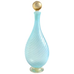 Vintage Murano Blue Opalescent, Gold Flecks, Ribbed Surface Italian Art Glass Decanter