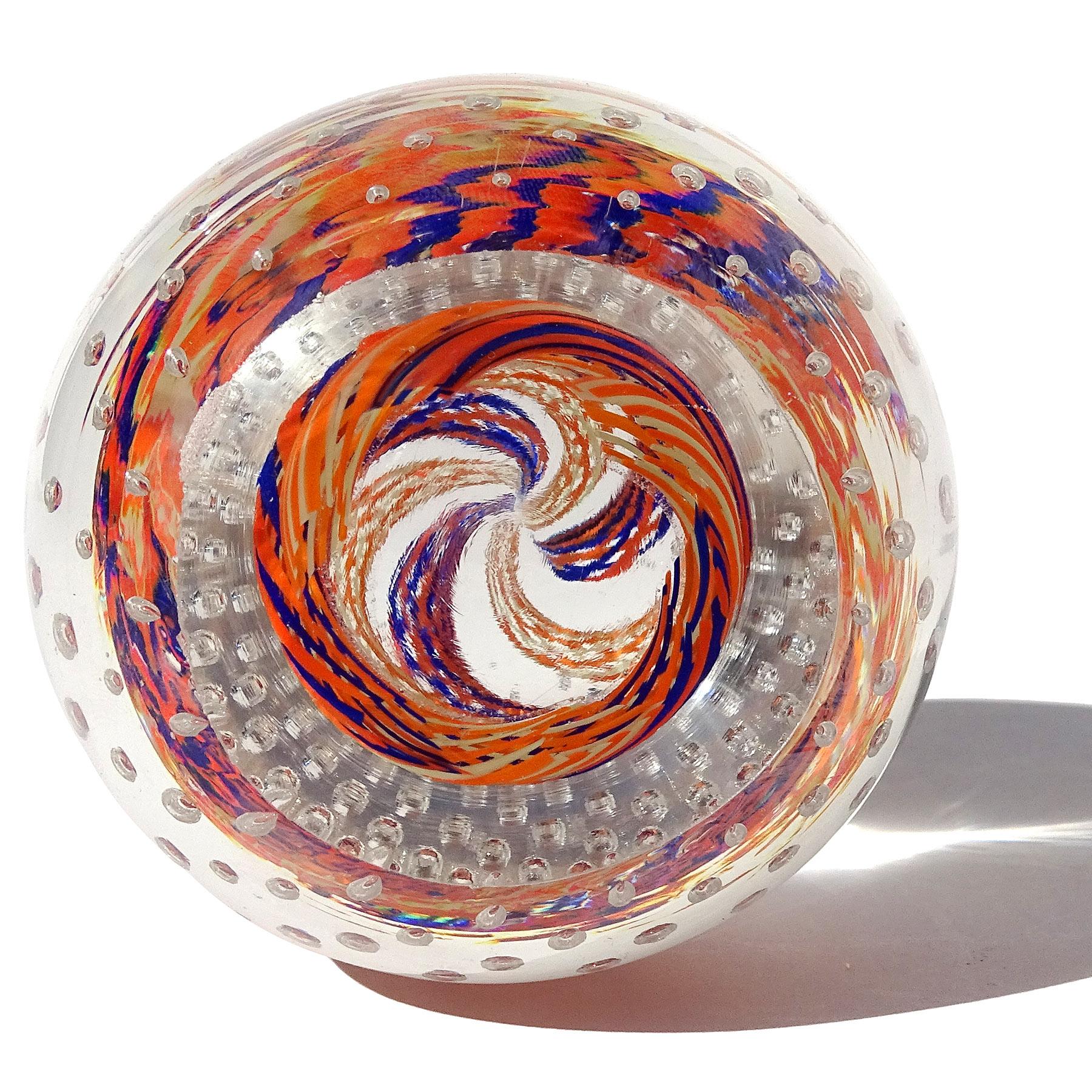 Hand-Crafted Murano Blue Orange Ribbons Controlled Bubbles Italian Art Glass Egg Paperweight For Sale
