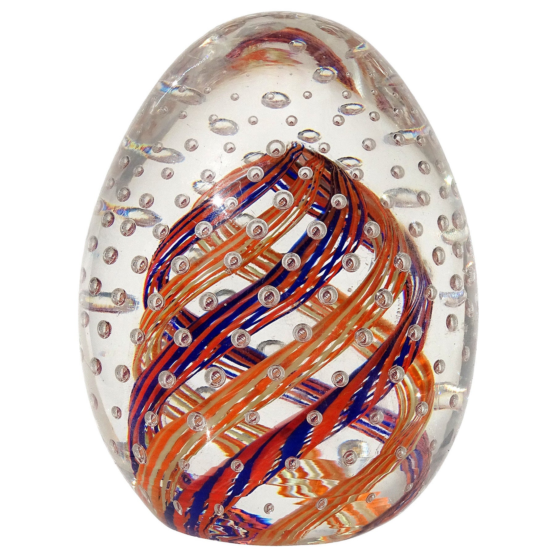 Murano-Eier-Briefbeschwerer mit kontrollierten Blasen aus italienischem Kunstglas in Blau und Orange
