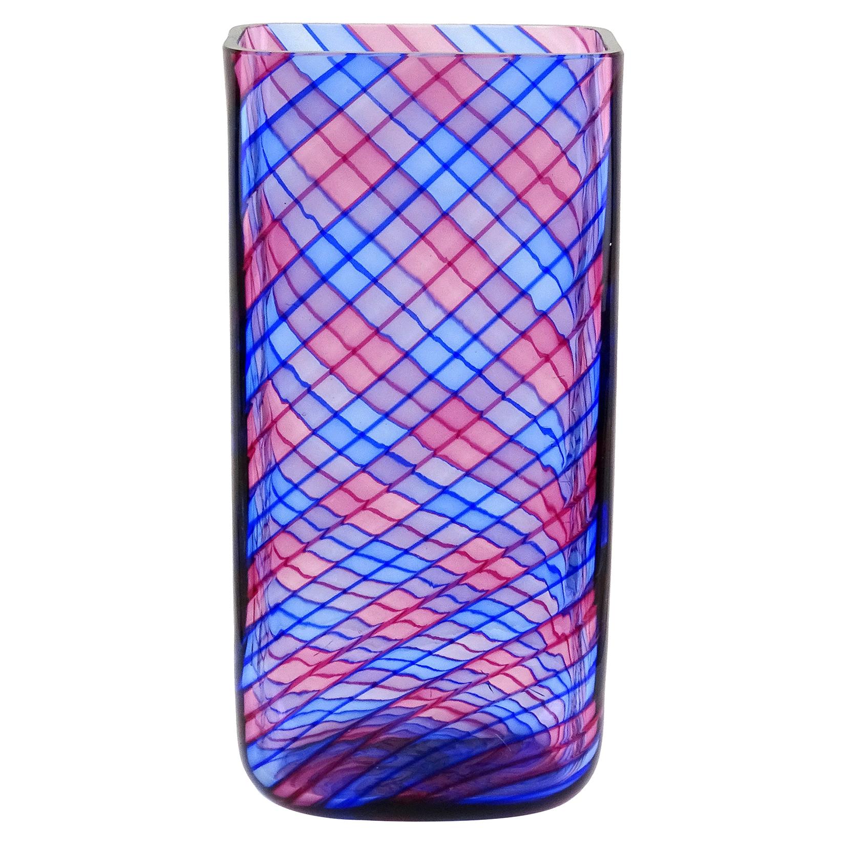 Murano Blue Pink Ribbon Stripes Checkered Pattern Italian Art Glass Flower Vase