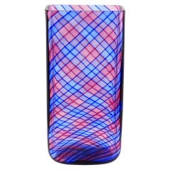 Murano Blue Pink Ribbon Stripes Checkered Pattern Italian Art Glass Flower Vase