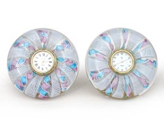 Murano Blue Pink White Ribbons Italian Art Glass Decorative Round Desk Clock