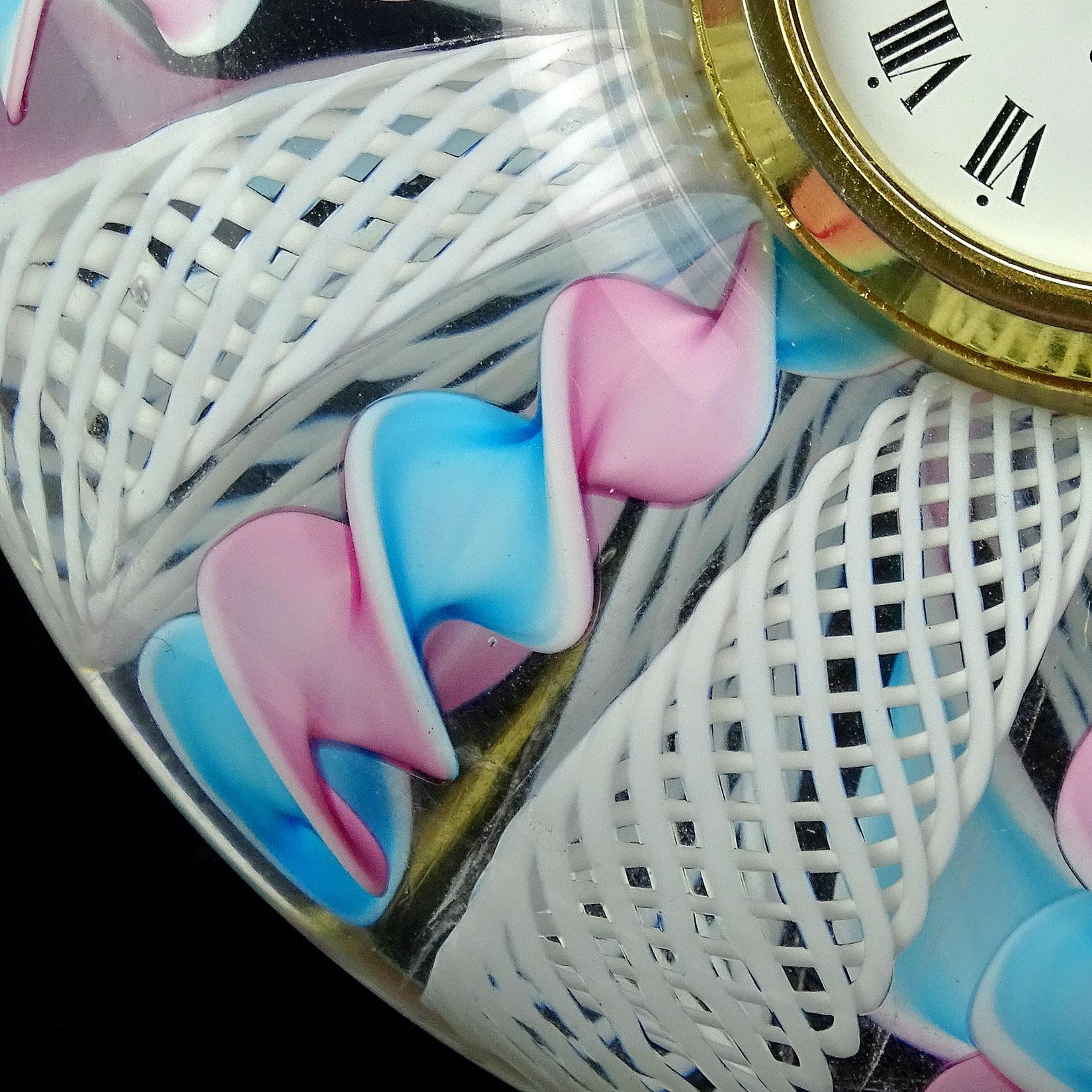 Hand-Crafted Murano Blue Pink White Ribbons Italian Art Glass Decorative Round Desk Clock