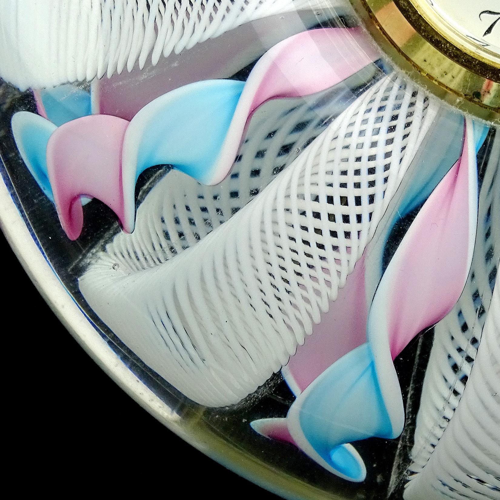 20th Century Murano Blue Pink White Ribbons Italian Art Glass Decorative Round Desk Clock