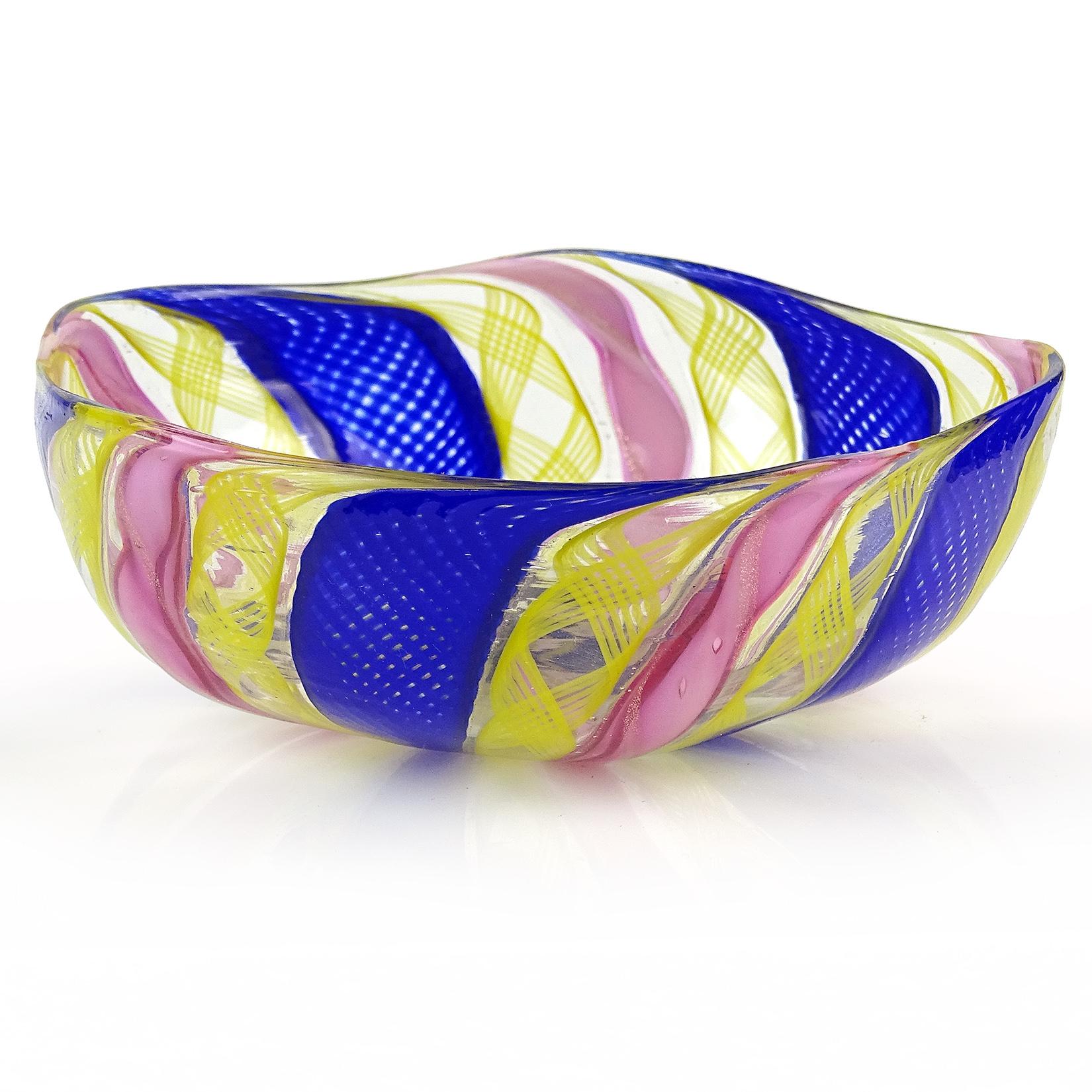 Art Deco Murano Blue Pink Yellow Zafirico Ribbons Italian Art Glass Trinket Jewelry Ring
