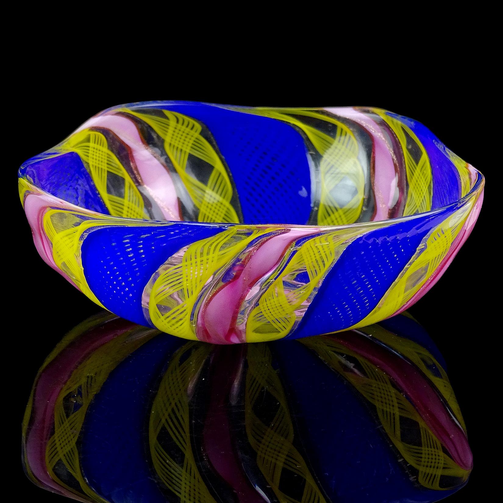 Hand-Crafted Murano Blue Pink Yellow Zafirico Ribbons Italian Art Glass Trinket Jewelry Ring