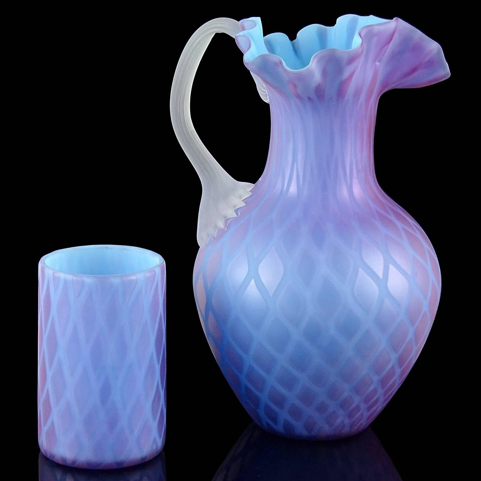 Mid-Century Modern Murano Blue Purple Diamond Pattern Italian Art Glass Pitcher Six Tumblers Set