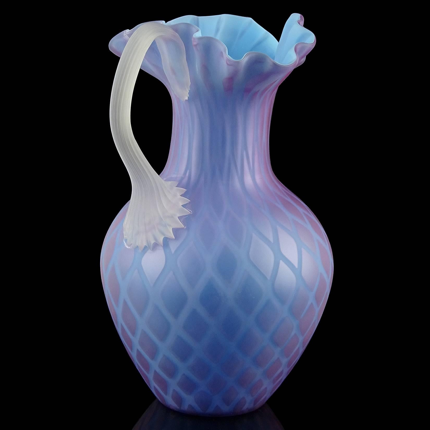 20th Century Murano Blue Purple Diamond Pattern Italian Art Glass Pitcher Six Tumblers Set