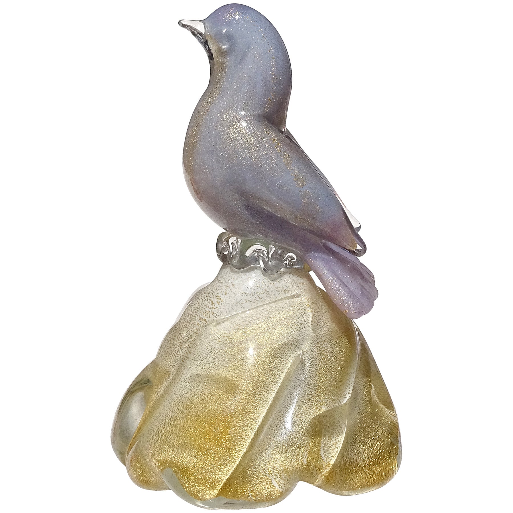 Papierbeschwerer mit Babyvogelfigur aus italienischem Murano-Kunstglas in Blau und Lila mit Goldflecken