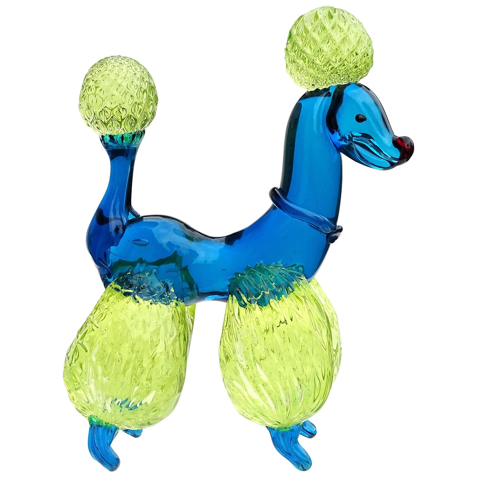 Murano Blue Quilted Uranium Fur Italian Art Glass Puppy Dog Poodle Sculpture